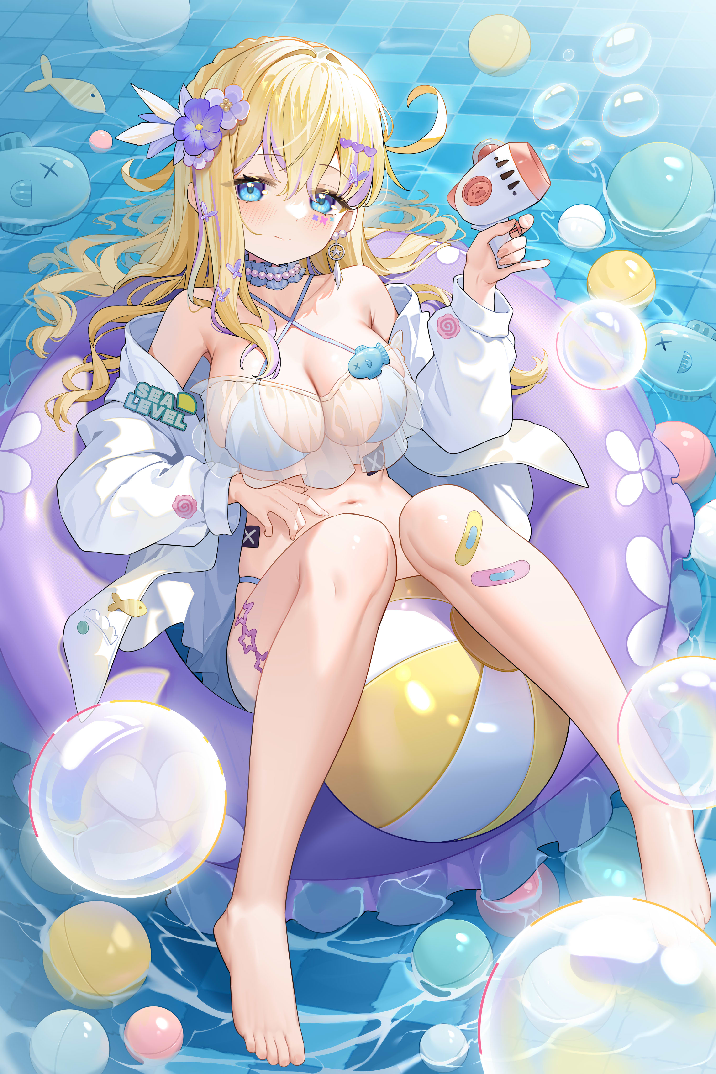 absurdres, chinese commentary, commentary request, highres, 1girl, ball, bandaid, bandaid on knee, bandaid on leg, bare shoulders, barefoot, bead choker, beads, bikini, blonde hair, blue bikini, blue eyes, blush, breasts, bubble, bubble gun, butterfly hair ornament, choker, cleavage, closed mouth, collarbone, criss-cross halter, day, earrings, facial mark, feet, fish, flower, frilled choker, frilled innertube, frills, full body, gradient hair, hair between eyes, hair flower, hair ornament, halterneck, hand up, heart, heart hair ornament, holding, jacket, jewelry, large breasts, legs, long hair, long sleeves, looking at viewer, lying, multicolored hair, navel, on back, on innertube, open clothes, open jacket, pool, purple flower, purple hair, purple innertube, see-through clothes, side ahoge, smile, solo, star (symbol), star earrings, stomach, swim ring, swimsuit, thigh strap, thighs, tile floor, tiles, toes, user 262542751, very long hair, virtual youtuber, water, wet, white jacket, x (symbol), x facial mark, xia mifan, xuyan xueyuan