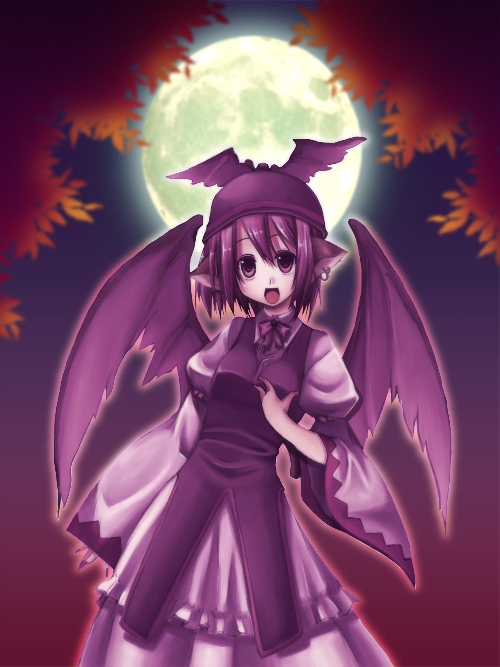 nonoko, yuuka nonoko, mystia lorelei, touhou, bad id, bad pixiv id, highres, 1girl, :d, adapted costume, animal ears, breast suppress, earrings, female focus, fingernails, full moon, hat, jewelry, leaf, long fingernails, long sleeves, moon, moonlight, music, nail polish, night, open mouth, purple eyes, purple hair, purple nails, purple theme, short hair, singing, sleeves past wrists, smile, solo, tree, wide sleeves, wings
