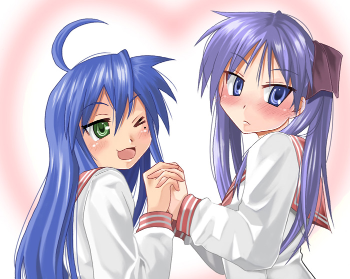 kaeru (ka=l), hiiragi kagami, izumi konata, lucky star, bad id, bad pixiv id, 00s, 2girls, blush, heart, holding hands, mole, mole under eye, multiple girls, school uniform, serafuku, yuri