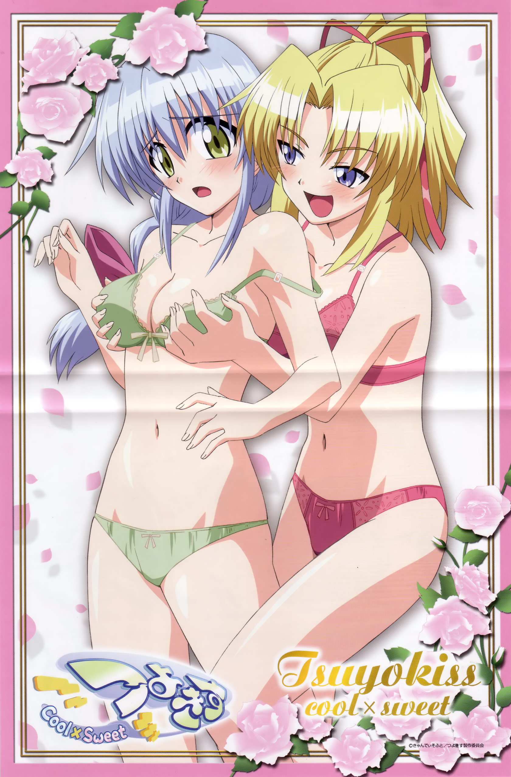 kiriya erika, satou yoshimi, tsuyokiss, absurdres, highres, non-web source, 2girls, bra, breasts, grabbing another's breast, groping, lingerie, multiple girls, panties, smug, underwear, underwear only
