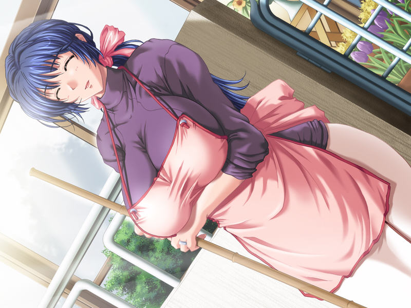 aiba nanako, 13cm, anata to mita sakura, tagme, 1girl, apron, blue hair, bow, breasts, broom, female focus, housewife, large breasts, mature female, smile, solo