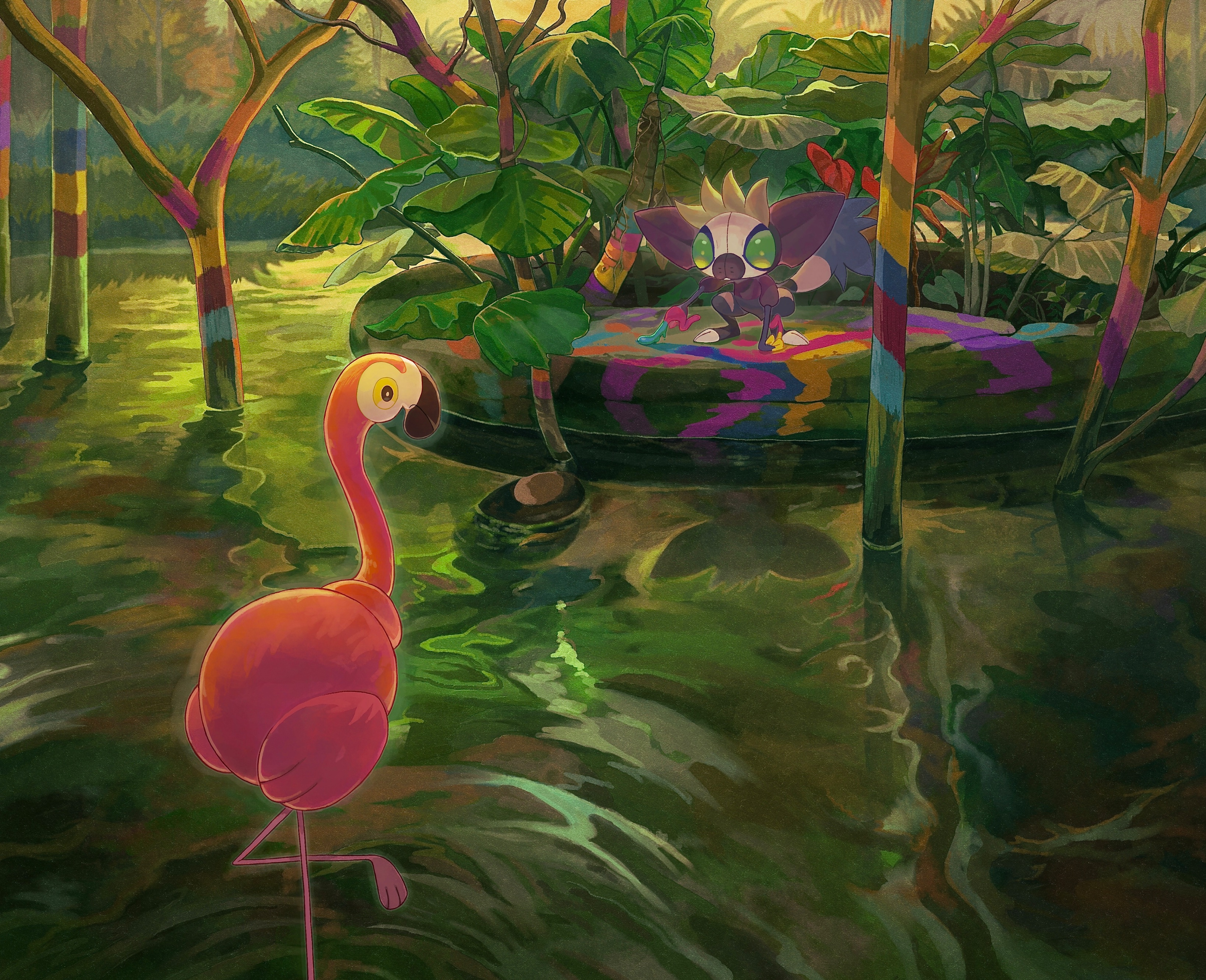 yj0i0, flamigo, grafaiai, nintendo, pokemon, absurdres, highres, animal focus, bird, finger painting, flamingo, full body, green eyes, leaf, lemur, no humans, outdoors, paint, plant, pokemon (creature), pokemon focus, pond, tree, water