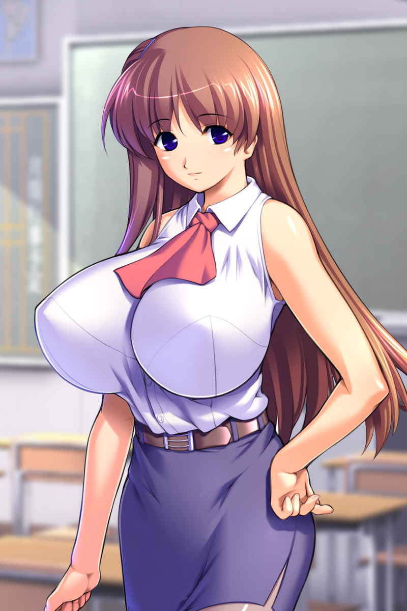 amano kotone (ichigo jet), gunner-l, shino sakura, oppai baka, highres, 1girl, blue eyes, bow, breasts, brown hair, classroom, crossed legs, double bun, dress, female focus, formal clothes, hair bun, hand fan, hip focus, huge breasts, indoors, large breasts, legs, long hair, miniskirt, no bra, pantyhose, purple eyes, school, skirt, skirt suit, solo, stool, suit, teacher, thighs, tight clothes, tight dress, updo