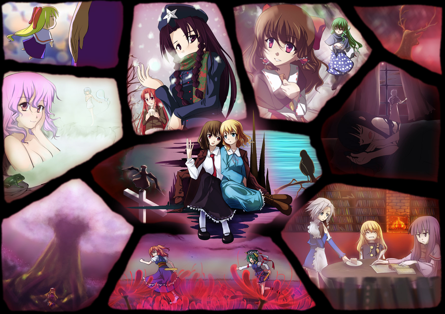 howard19862002, nichimatsu seri, alice margatroid, hakurei reimu, hong meiling, houraisan kaguya, izayoi sakuya, kirisame marisa, konpaku youmu, konpaku youmu (ghost), lie meiling, maribel hearn, onozuka komachi, patchouli knowledge, remilia scarlet, saigyouji yuyuko, shanghai doll, shiki eiki, usami renko, yagokoro eirin, yakumo yukari, ghostly field club, touhou, bad id, bad pixiv id, highres, 6+girls, antlers, bath, bird, blonde hair, book, breasts, cake, cleavage, cross, female focus, flower, food, frog, hat, horns, multiple girls, onsen, pastry, red flower, reindeer, rod of remorse, running, sitting, sleeping, snow, spider lily, tree