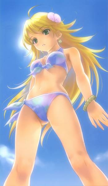 goto p, hoshii miki, idolmaster, idolmaster (classic), 00s, bikini, blonde hair, green eyes, long hair, swimsuit