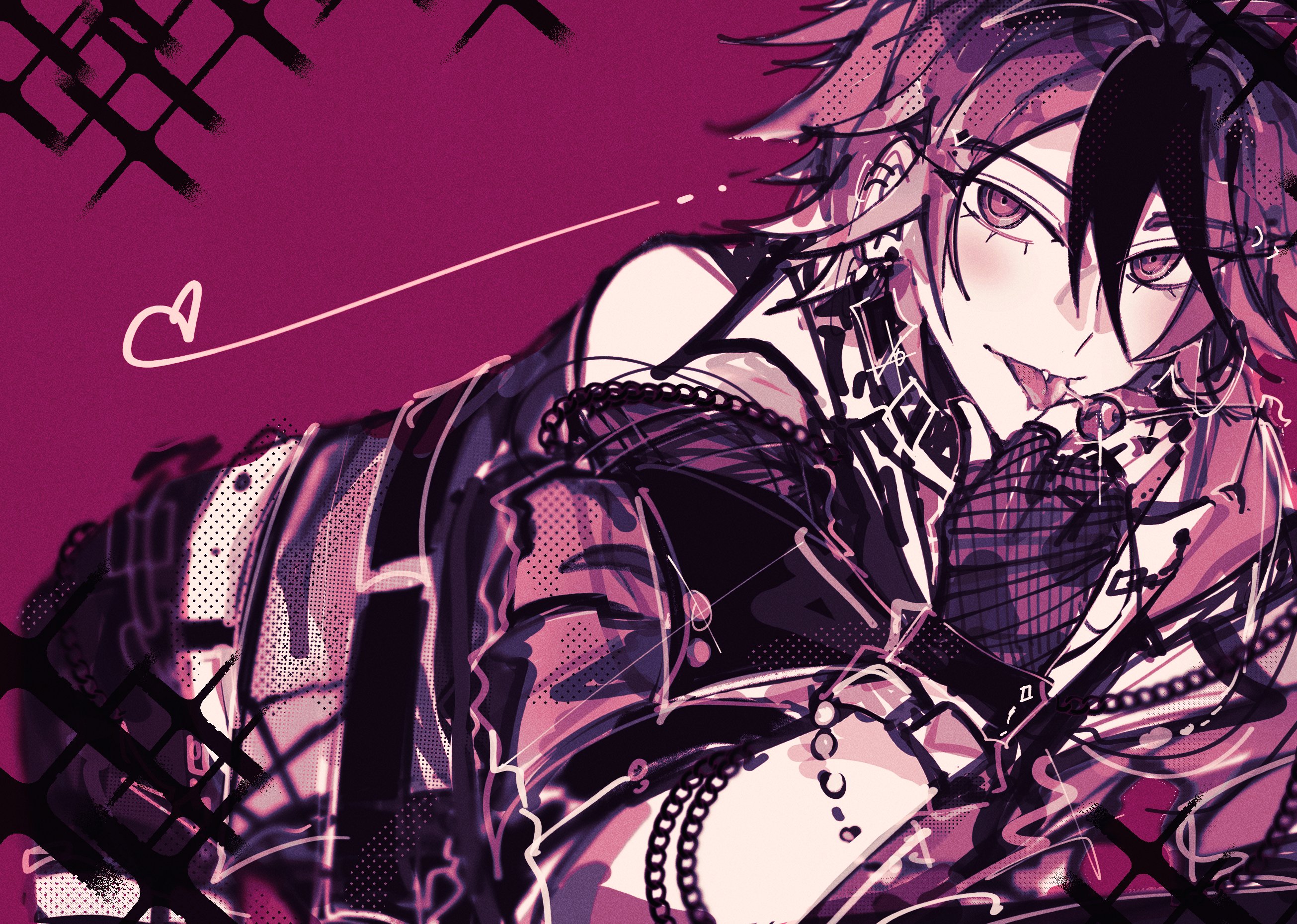 sumino takumi, the hundred line -last defense academy-, commentary, highres, 1boy, black nails, black streaks, ear piercing, fingerless gloves, gloves, holding, jacket, leaning forward, limited palette, looking at viewer, male focus, multicolored hair, piercing, red background, saliva, short hair, solo, sparkle, streaked hair, takueitaku, tongue piercing