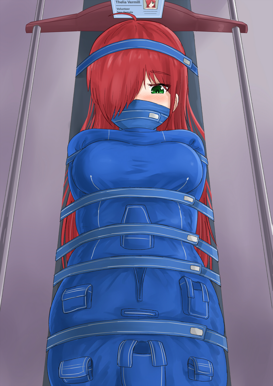 jitan777, nasa, original, commentary, highres, large variant set, variant set, 1girl, ahoge, arms behind back, bdsm, blue bodysuit, blush, bodysuit, bondage, bound, breasts, cloth gag, cowboy shot, embarrassed, english text, from below, gag, gagged, green eyes, grey background, hair over one eye, id card, immobilization, improvised gag, long hair, looking down, medium breasts, over the nose gag, red hair, restrained, simple background, sleepsack, solo, stationary restraints