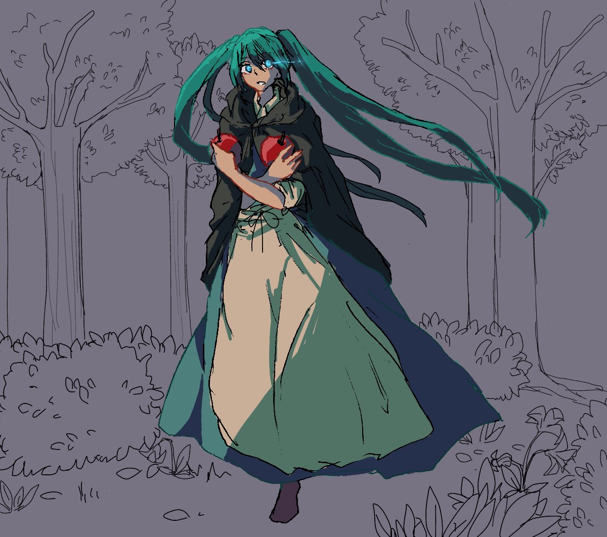 gherea, eve moonlit, hatsune miku, evillious nendaiki, moonlit bear (vocaloid), vocaloid, apple, apron, aqua dress, aqua eyes, aqua hair, black cloak, brown shoes, bush, cloak, collared dress, crossed arms, dress, eye trail, fleeing, flower, food, forest, fruit, glowing, glowing eyes, holding, holding food, holding fruit, hood, hooded cloak, light trail, lily (flower), long hair, nature, parted lips, shoes, tree, twintails, very long hair, white apron