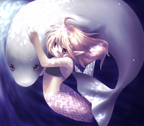 flowwolf, lowres, 1girl, animal, arched back, blonde hair, brown eyes, female focus, hug, light rays, light smile, long hair, mermaid, midriff, monster girl, pointy ears, scales, seal (animal), solo, sunbeam, sunlight, underwater, water