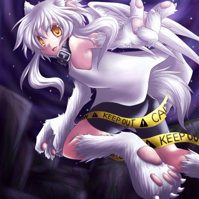 flowwolf, lowres, 1girl, animal ears, caution tape, claws, collar, female focus, keep out, solo, white hair, wings, yellow eyes