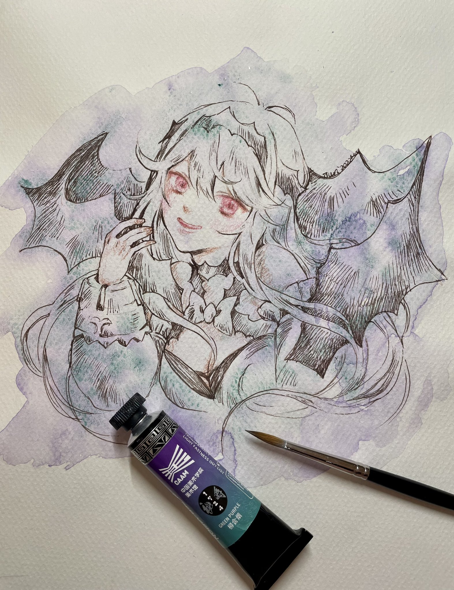 jurithedreamer, chaos aurora (grimms notes), grimms notes, traditional media, 1girl, hand up, looking at viewer, red eyes, smile, solo