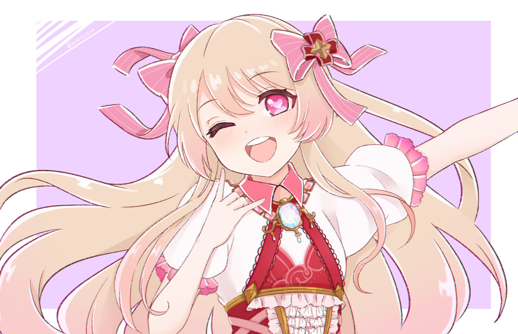 nagagutsu (nagagutsu1230), chaos marie (grimms notes), grimms notes, 1girl, ;d, artistic error, blonde hair, long hair, looking at viewer, one eye closed, open mouth, smile, solo
