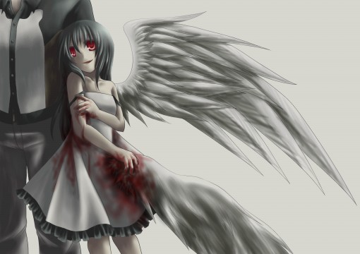 flowwolf, 1boy, 1girl, black hair, blood, creepy, dress, long hair, red eyes, size difference, torn wings, wings