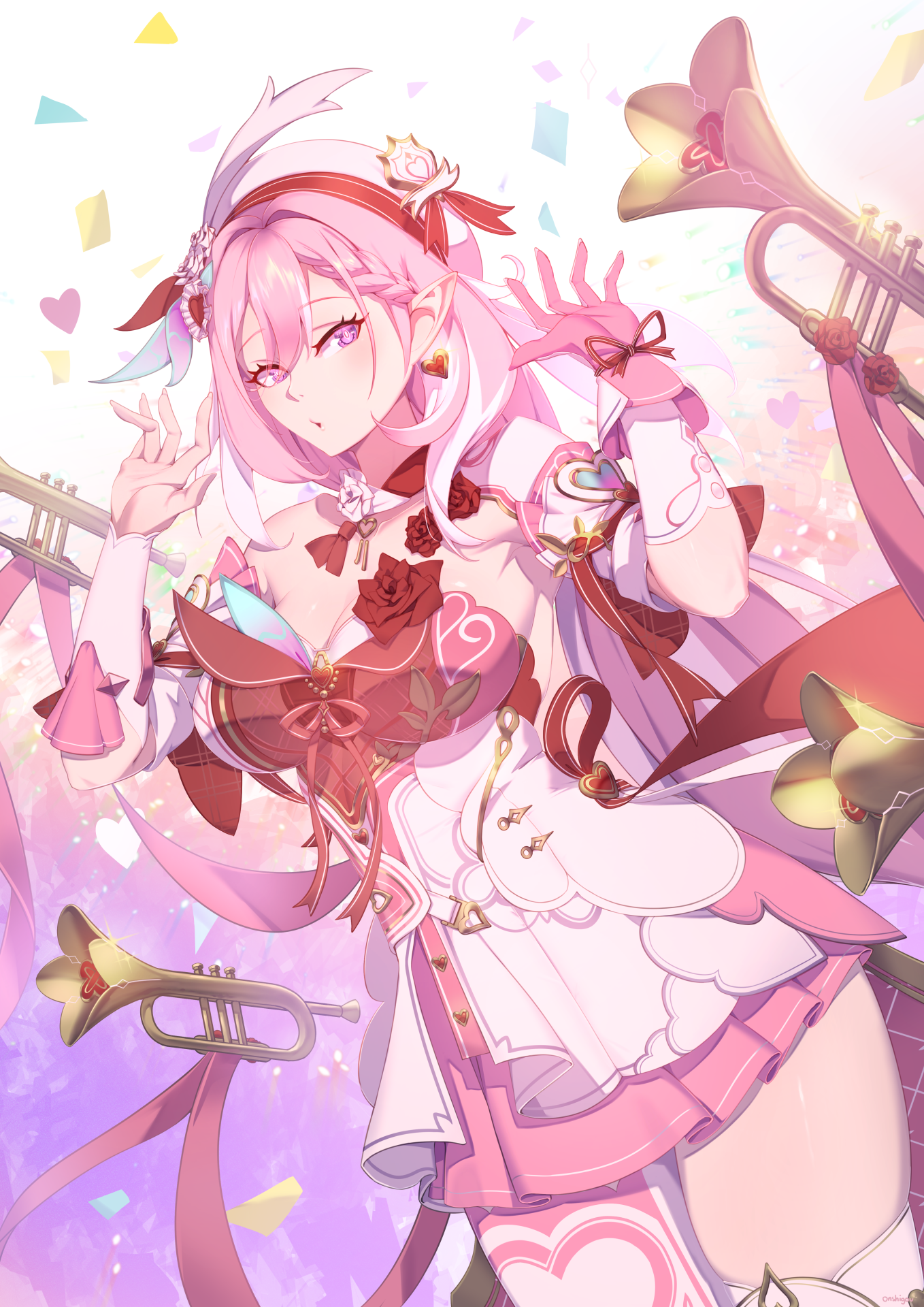onshigou, elysia (honkai impact), honkai (series), honkai impact 3rd, commentary, highres, 1girl, breasts, bright pupils, cleavage, confetti, dress, earrings, elf, elysia (hi elf of love) (honkai impact), fingernails, gloves, hair between eyes, hair ornament, hands up, hat, heart, heart earrings, heart hair ornament, instrument, jewelry, large breasts, layered dress, long hair, looking at viewer, parted lips, pink dress, pink gloves, pink hair, pointy ears, purple eyes, signature, single bare shoulder, single glove, single thighhigh, solo, thighhighs, thighs, trumpet, very long hair, white hat, white pupils