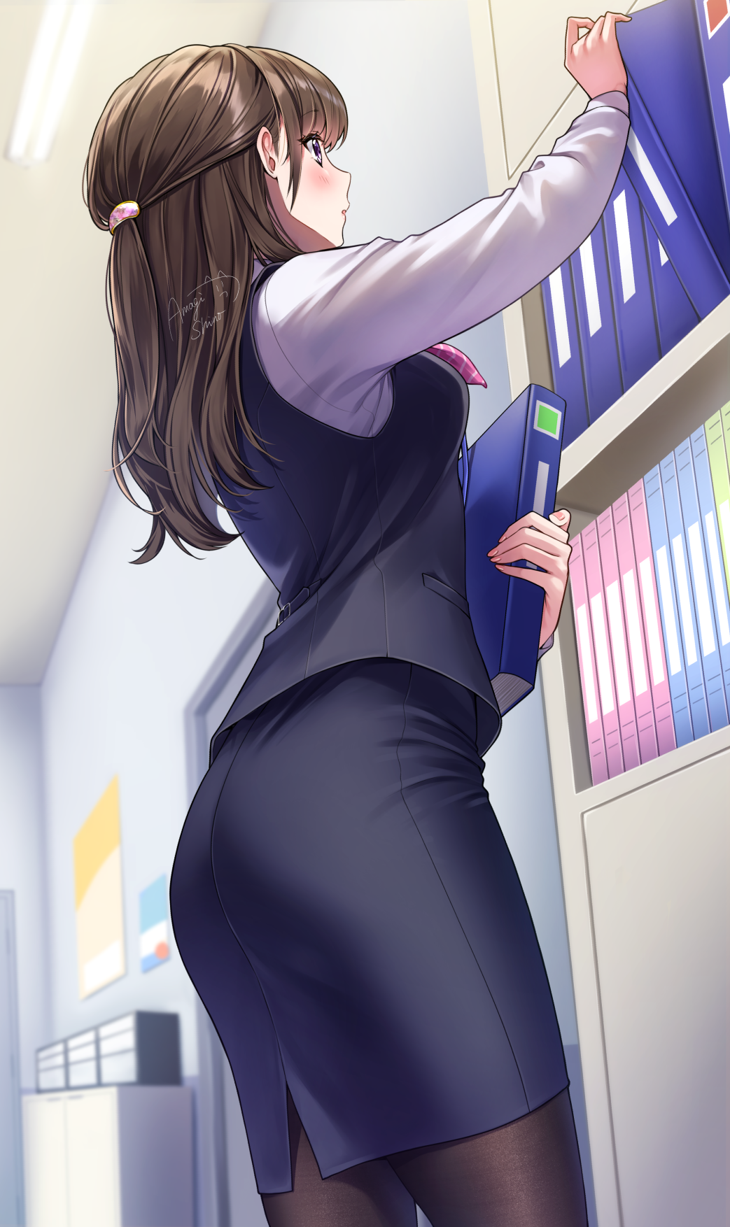 amagi shino, receptionist girl (amagi shino), original, commentary request, highres, 1girl, ass, black pantyhose, blush, brown hair, eyelashes, half updo, long hair, long sleeves, office, office lady, one side up, pantyhose, pencil skirt, purple eyes, signature, skirt, solo, standing, watermark, working