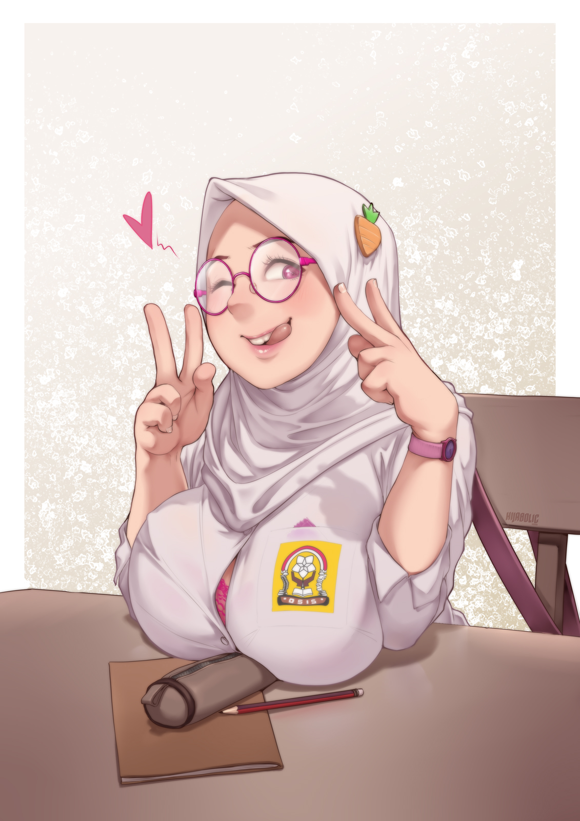 hijabolic, original, highres, 1girl, breasts, carrot hair ornament, double v, food-themed hair ornament, glasses, hair ornament, heart, hijab, large breasts, licking lips, looking at viewer, one eye closed, pencil, pink-framed eyewear, round eyewear, shirt, solo, tongue, tongue out, v, white hijab, white shirt