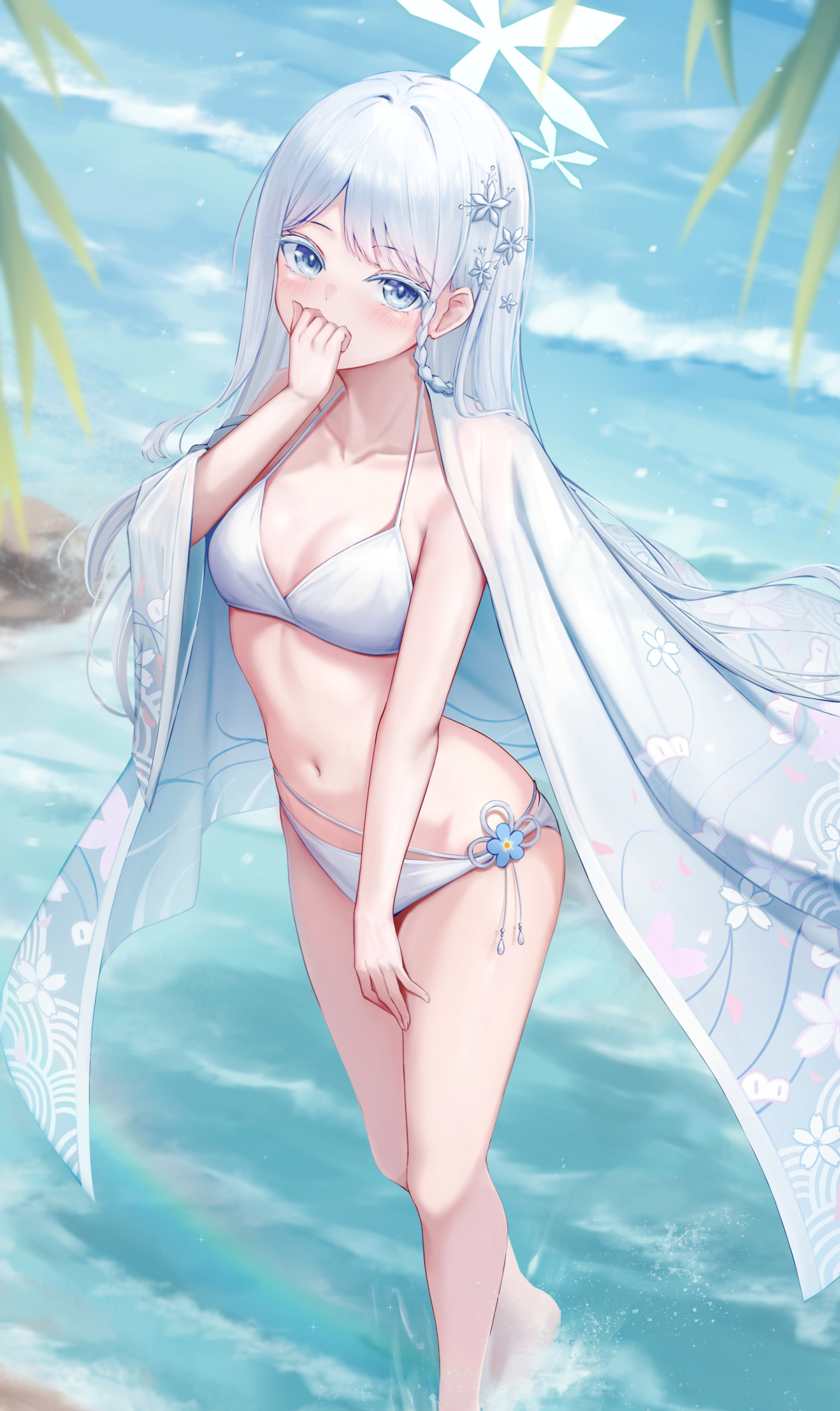 nezumi (09261377), nagusa (blue archive), nagusa (swimsuit) (blue archive), blue archive, absurdres, commentary, highres, 1girl, beach, bikini, blue eyes, blush, braid, breasts, collarbone, covering own mouth, day, floating clothes, hair ornament, halo, hand on own thigh, hand up, haori, japanese clothes, light particles, long hair, long sleeves, navel, ocean, official alternate costume, outdoors, palm tree, print haori, rock, shallow water, single braid, small breasts, snowflake hair ornament, snowflake halo, solo, splashing, standing, stomach, swimsuit, thighs, tree, very long hair, wading, water, waves, white bikini, white hair, white halo, white haori