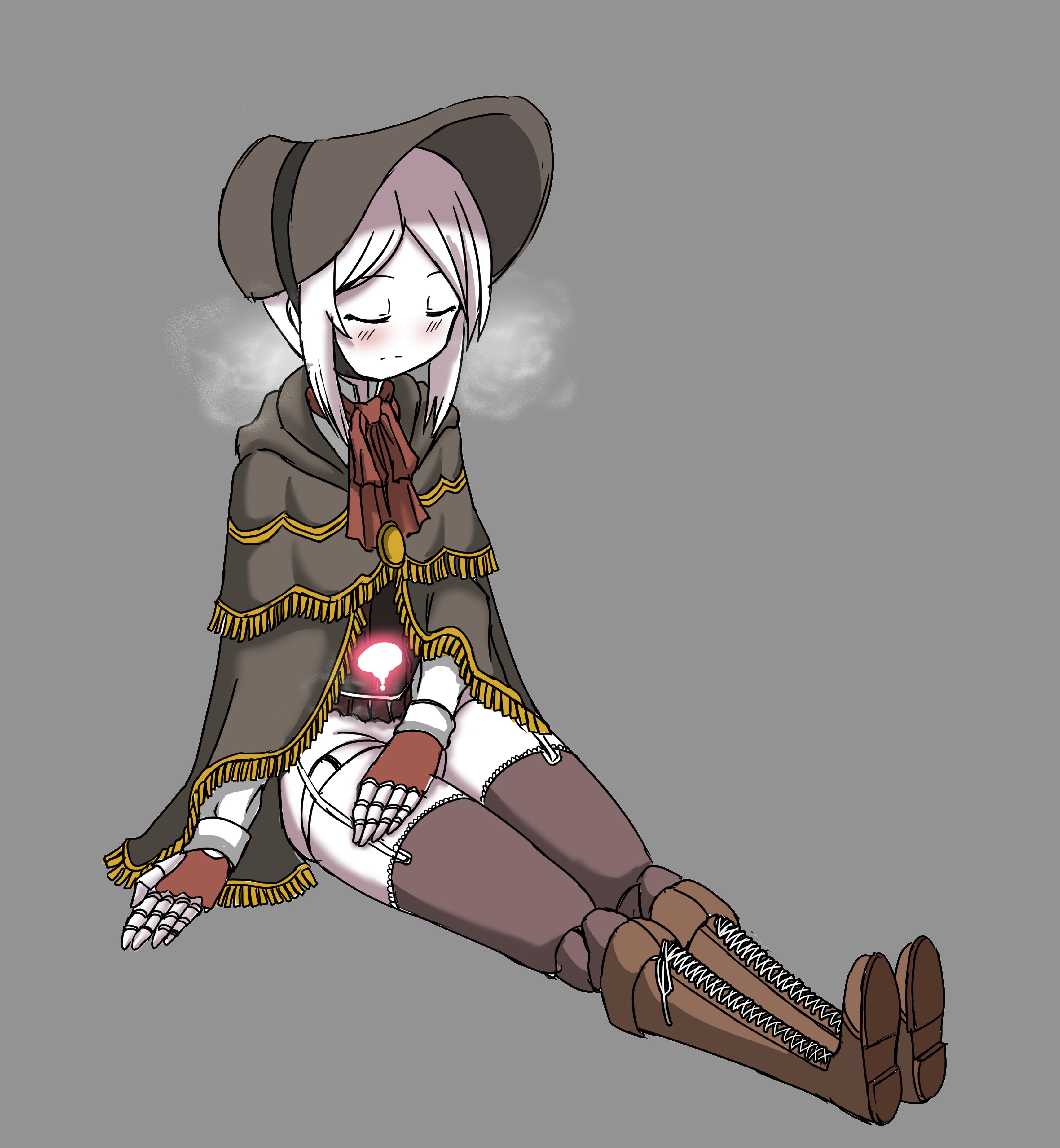 deculture, plain doll, bloodborne, absurdres, commentary, english commentary, highres, 1girl, blush, bonnet, boots, bottomless, breath, brown boots, brown gloves, brown thighhighs, closed eyes, closed mouth, colored skin, doll joints, expressionless, fingerless gloves, fringe trim, full body, garter straps, gloves, grey background, grey bonnet, grey cloak, implied after sex, joints, lace-up boots, parted hair, short hair, simple background, sitting, solo, thighhighs, uterus, white hair, white skin, x-ray