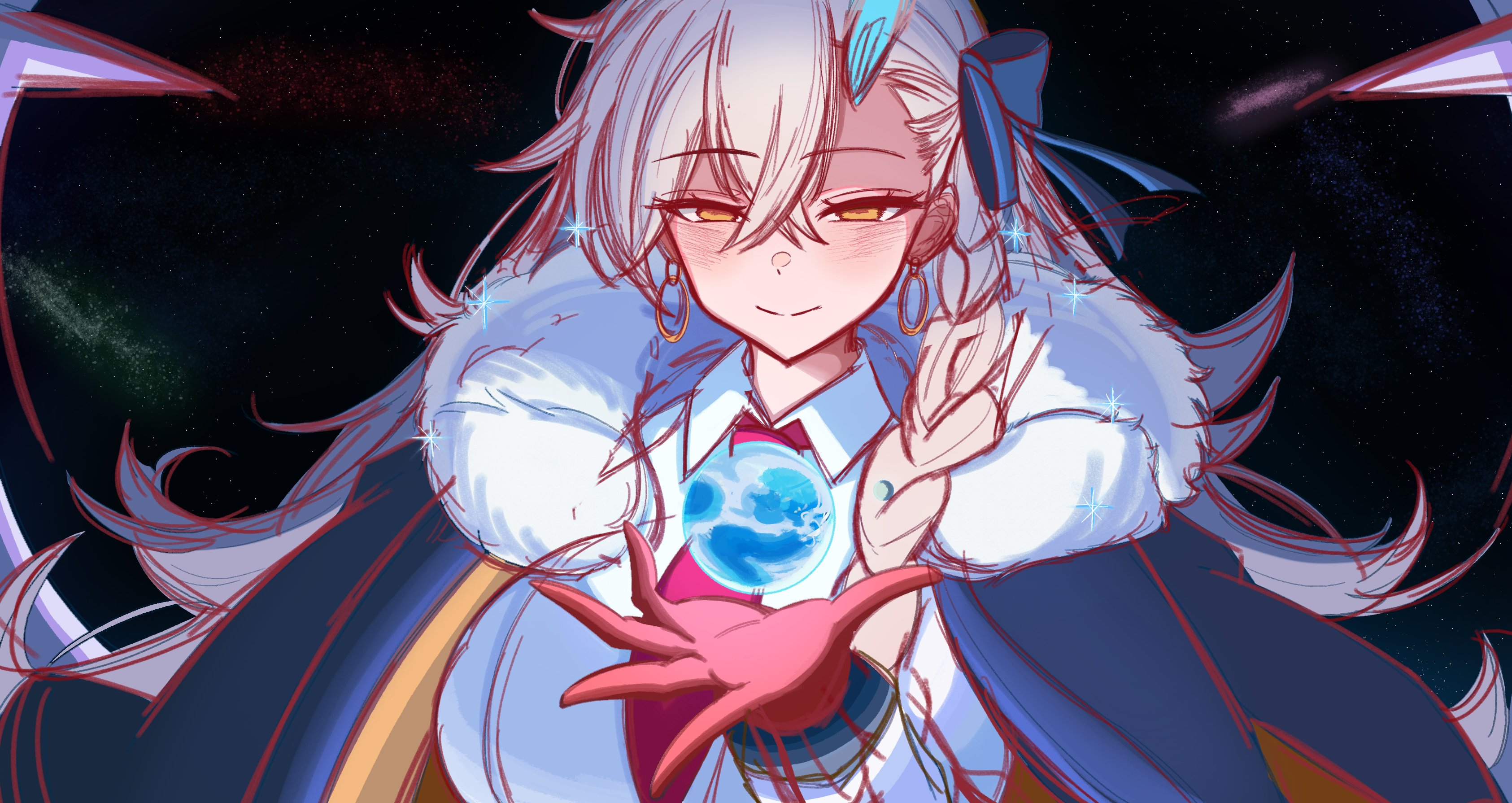0nineo9, olga marie animusphere, olga marie animusphere (unbeast), fate/grand order, fate (series), absurdres, commentary, english commentary, highres, 1girl, black jacket, black ribbon, braid, collared shirt, crossed bangs, earrings, fur trim, globe, gloves, grey hair, hair between eyes, hair ribbon, jacket, jacket on shoulders, jewelry, long hair, long sleeves, looking at viewer, necktie, red gloves, red necktie, ribbon, shirt, smile, solo, white shirt