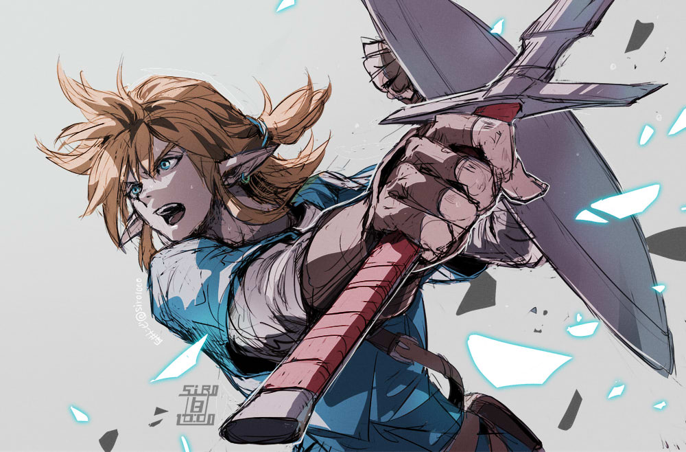shiroton (kazamineko), link, nintendo, the legend of zelda, the legend of zelda: breath of the wild, 1boy, blonde hair, blue tunic, earrings, fingerless gloves, foreshortening, gloves, grey background, holding, holding shield, holding sword, holding weapon, jewelry, looking to the side, male focus, open mouth, pointy ears, ponytail, shield, sidelocks, sword, tunic, weapon