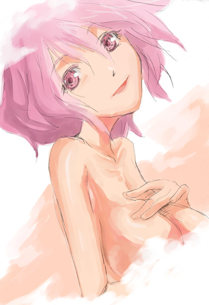 yohane, saigyouji yuyuko, touhou, 1girl, breasts, completely nude, female focus, nude, pink eyes, pink hair, solo, upper body, white background