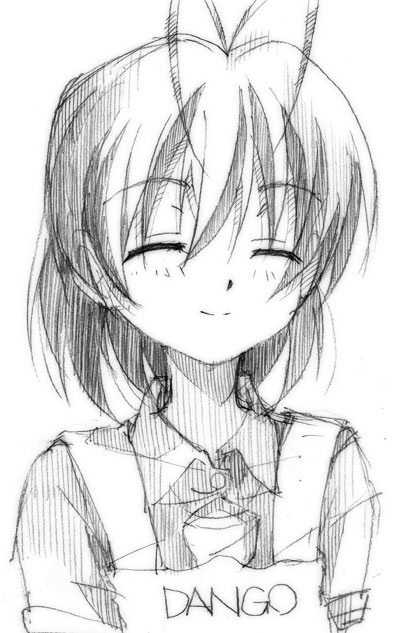 gofu, furukawa nagisa, clannad, traditional media, 00s, antenna hair, greyscale, monochrome, sketch, smile, solo
