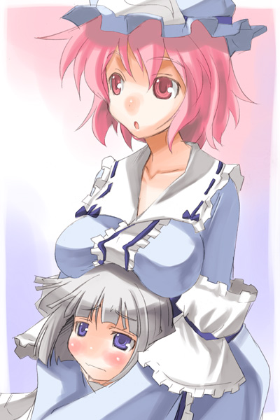yohane, konpaku youmu, saigyouji yuyuko, touhou, 2girls, bonnet, breast rest, breasts, breasts on head, female focus, frills, gradient background, hat, huge breasts, mob cap, multiple girls, white background