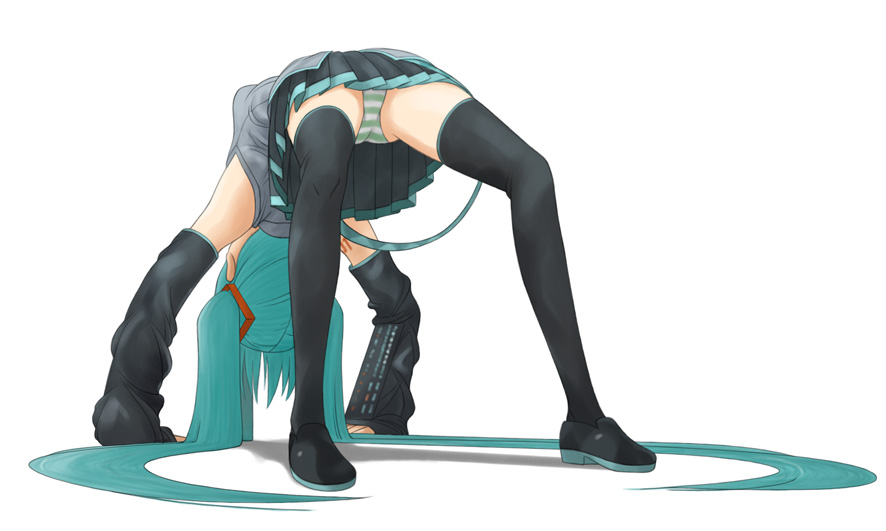 isozaki bebebe, hatsune miku, vocaloid, bad id, bad pixiv id, 1girl, all fours, aqua hair, body bridge, female focus, long hair, panties, pantyshot, sakatake, solo, striped clothes, striped panties, thighhighs, twintails, underwear, upskirt, very long hair, zettai ryouiki