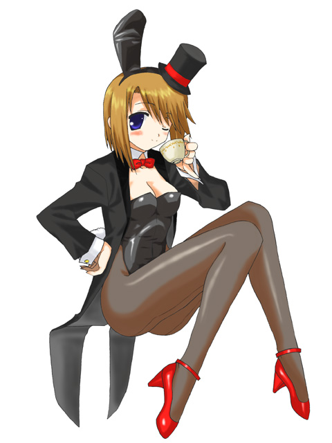 oyama (fortune pandora), komaki manaka, to heart (series), to heart 2, 00s, 1girl, animal ears, coattails, cup, fake animal ears, female focus, hat, leotard, mini hat, mini top hat, pantyhose, playboy bunny, rabbit ears, solo, teacup, top hat