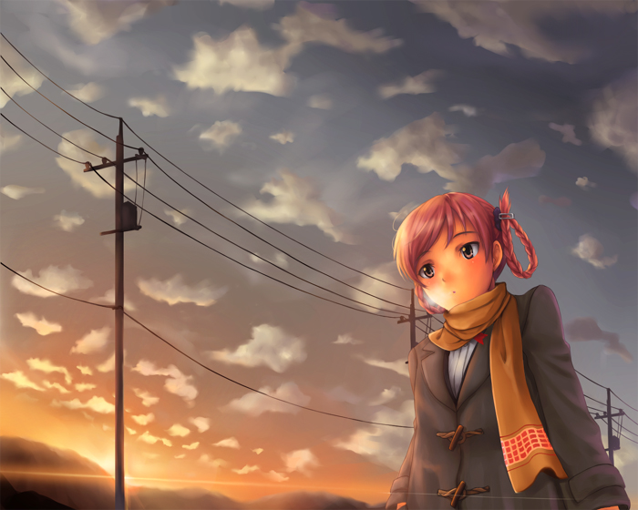 yuki usagi (mofurafu), kayano megumi, atlus, persona, persona trinity soul, 00s, 1girl, braid, braided hair rings, breath, cloud, coat, female focus, hair rings, lens flare, outdoors, pink hair, power lines, scarf, scenery, solo, sunset, twin braids, utility pole