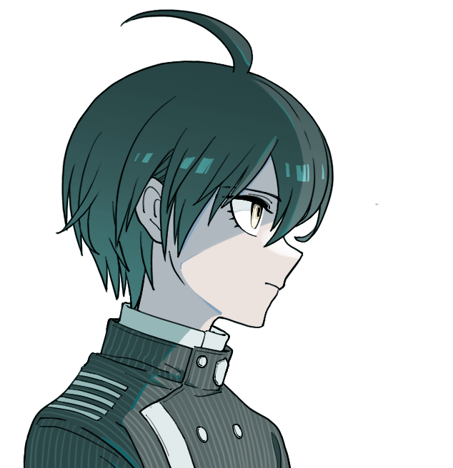 moi (arararcrc), saihara shuichi, danganronpa (series), danganronpa v3: killing harmony, commentary, 1boy, ahoge, black hair, black jacket, buttons, closed mouth, collared jacket, expressionless, eyelashes, from side, grey background, hair between eyes, jacket, male focus, pinstripe jacket, pinstripe pattern, portrait, profile, short hair, sidelighting, simple background, solo, striped clothes, striped jacket, yellow eyes