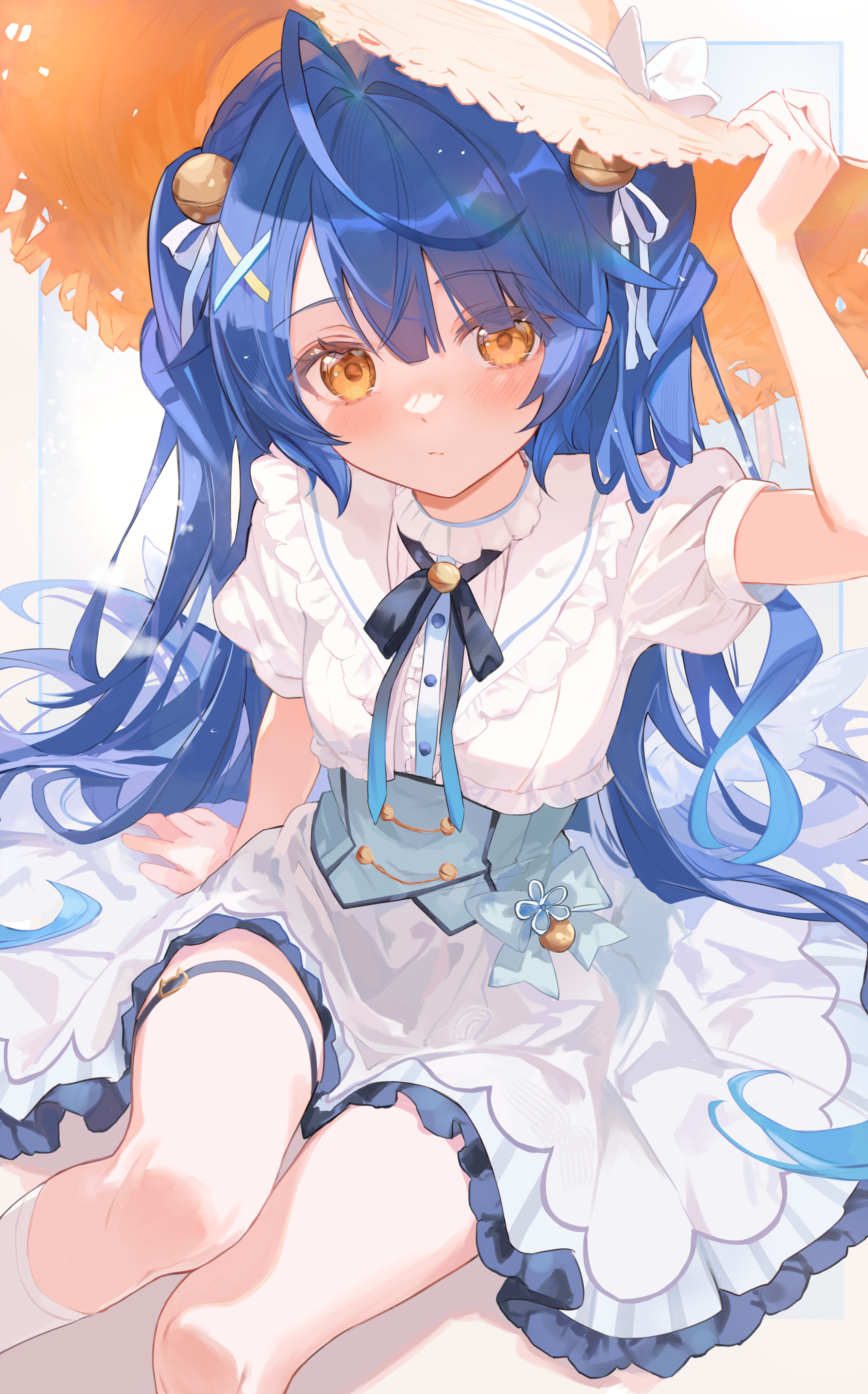 nono i831, amamiya kokoro, nijisanji, absurdres, highres, 1girl, ahoge, angel wings, arm up, bell, belt, blue hair, blunt bangs, blush, bow, closed mouth, collar, corset, dress, frilled collar, frilled dress, frilled shirt, frilled shirt collar, frills, hair bell, hair ornament, hair ribbon, hand on ground, hat, hat ribbon, jingle bell, kneehighs, large hat, long hair, looking at viewer, mini wings, ribbon, shirt, sidelocks, sitting, socks, solo, sun hat, thigh belt, thigh strap, thighs, two side up, very long hair, virtual youtuber, white shirt, white socks, white wings, wings, x hair ornament, yellow eyes