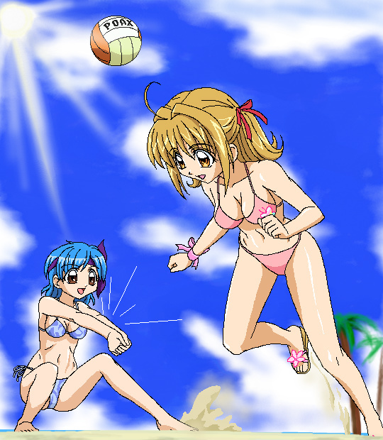 ankoku tiger, houshou hanon, nanami lucia, dead or alive, mermaid melody pichi pichi pitch, tecmo, non-web source, 2girls, ball, beach, beach volleyball, bikini, blonde hair, blue bikini, blue hair, breasts, brown eyes, cloud, day, multiple girls, oekaki, official style, orange eyes, outdoors, palm tree, parody, pink bikini, running, sandals, side-tie bikini bottom, sky, slippers, swimsuit, tree, volleyball, volleyball (object)