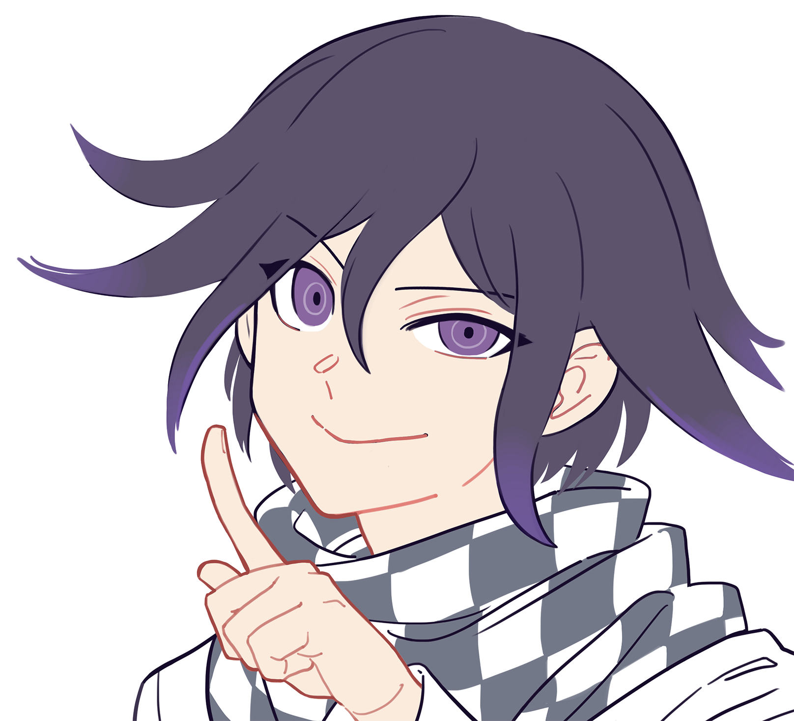moi (arararcrc), oma kokichi, danganronpa (series), danganronpa v3: killing harmony, commentary, highres, 1boy, checkered clothes, checkered scarf, closed mouth, flipped hair, hair between eyes, half-closed eye, hand up, index finger raised, long sleeves, looking at viewer, male focus, medium hair, portrait, purple eyes, purple hair, ringed eyes, scarf, simple background, smile, solo, two-tone scarf, white background
