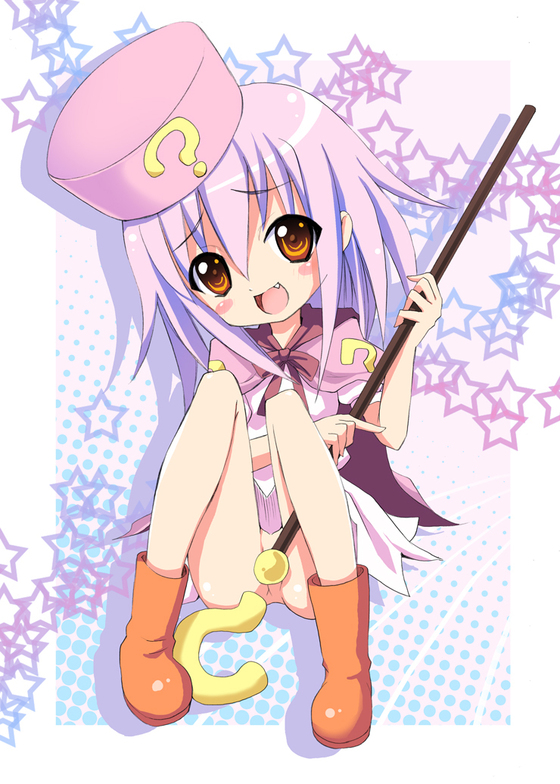 kishiri toworu, miyao ryuu, hatena yousei, benesse, 1girl, :d, ?, ankle boots, beret, boots, brown boots, convenient censoring, fang, female focus, hat, knees up, loli, looking at viewer, no panties, open mouth, pink hair, pink hat, purple hair, red eyes, rod, short hair, smile, solo, staff, star (symbol)