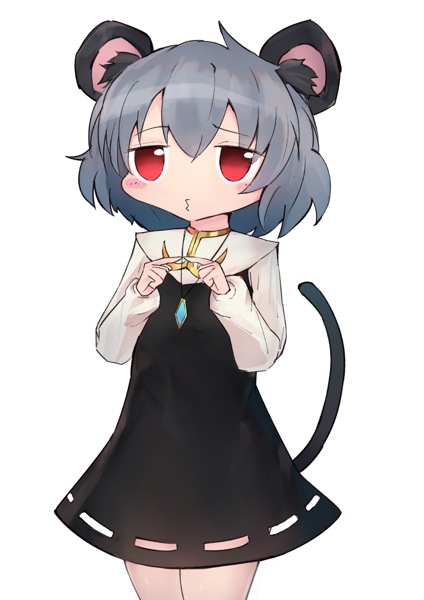 shinonome tsukasa, nazrin, nyon (cookie), cookie (touhou), touhou, commentary request, highres, variant set, 1girl, animal ear fluff, animal ears, black dress, blush, cowboy shot, dress, grey hair, index fingers together, jewelry, long sleeves, looking at viewer, mouse ears, mouse girl, mouse tail, necklace, o3o, pendant, pinafore dress, red eyes, shirt, short hair, simple background, sleeveless, sleeveless dress, solo, tail, white background, white shirt