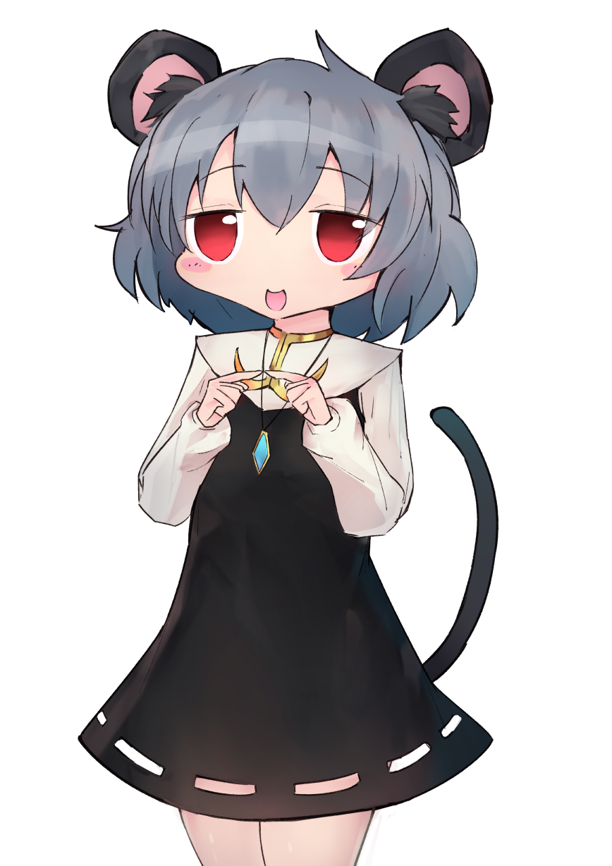 shinonome tsukasa, nazrin, nyon (cookie), cookie (touhou), touhou, commentary request, highres, variant set, 1girl, :d, animal ear fluff, animal ears, black dress, blush, cowboy shot, dress, grey hair, index fingers together, jewelry, long sleeves, looking at viewer, mouse ears, mouse girl, mouse tail, necklace, open mouth, pendant, pinafore dress, raised eyebrows, red eyes, shirt, short hair, simple background, sleeveless, sleeveless dress, smile, solo, tail, white background, white shirt