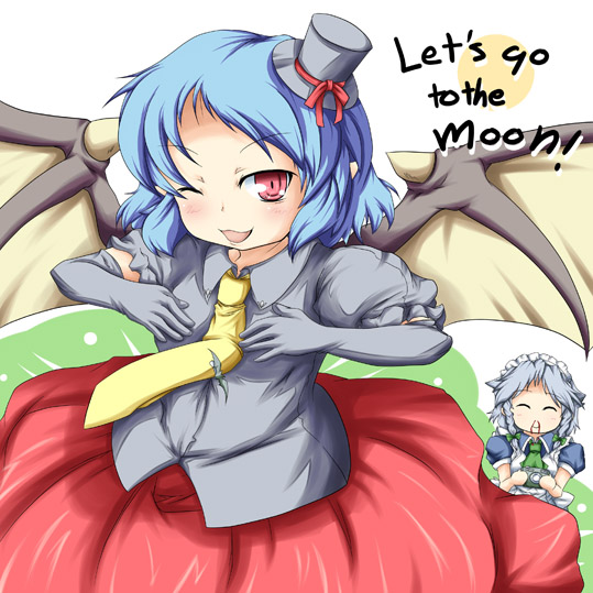 konata gazel, nanatsuhane, izayoi sakuya, remilia scarlet, touhou, 2girls, bat wings, blood, blue hair, camera, female focus, hat, mini hat, mini top hat, multiple girls, necktie, nosebleed, one eye closed, red eyes, top hat, wings, wink