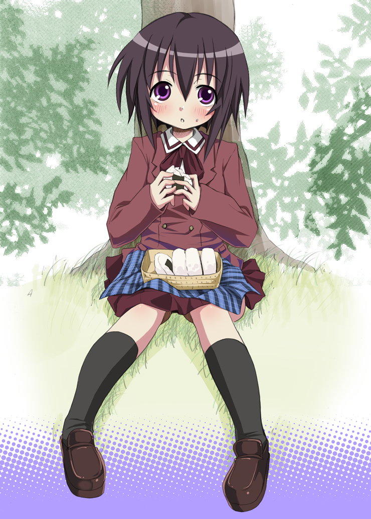 kishiri toworu, miyao ryuu, kawazoe tamaki, bamboo blade, 00s, 1girl, against tree, bento, black hair, black socks, blush, brown shoes, female focus, food, furoshiki, long sleeves, looking at viewer, onigiri, purple eyes, school uniform, serafuku, shoes, short hair, sitting, skirt, socks, solo, sweatdrop, tree