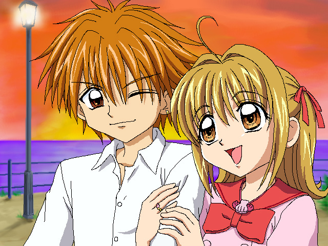 ankoku tiger, doumoto kaito, nanami lucia, mermaid melody pichi pichi pitch, arm grab, non-web source, 00s, 1boy, 1girl, holding another's arm, oekaki, official style, one eye closed, school uniform, serafuku, sunset, wink