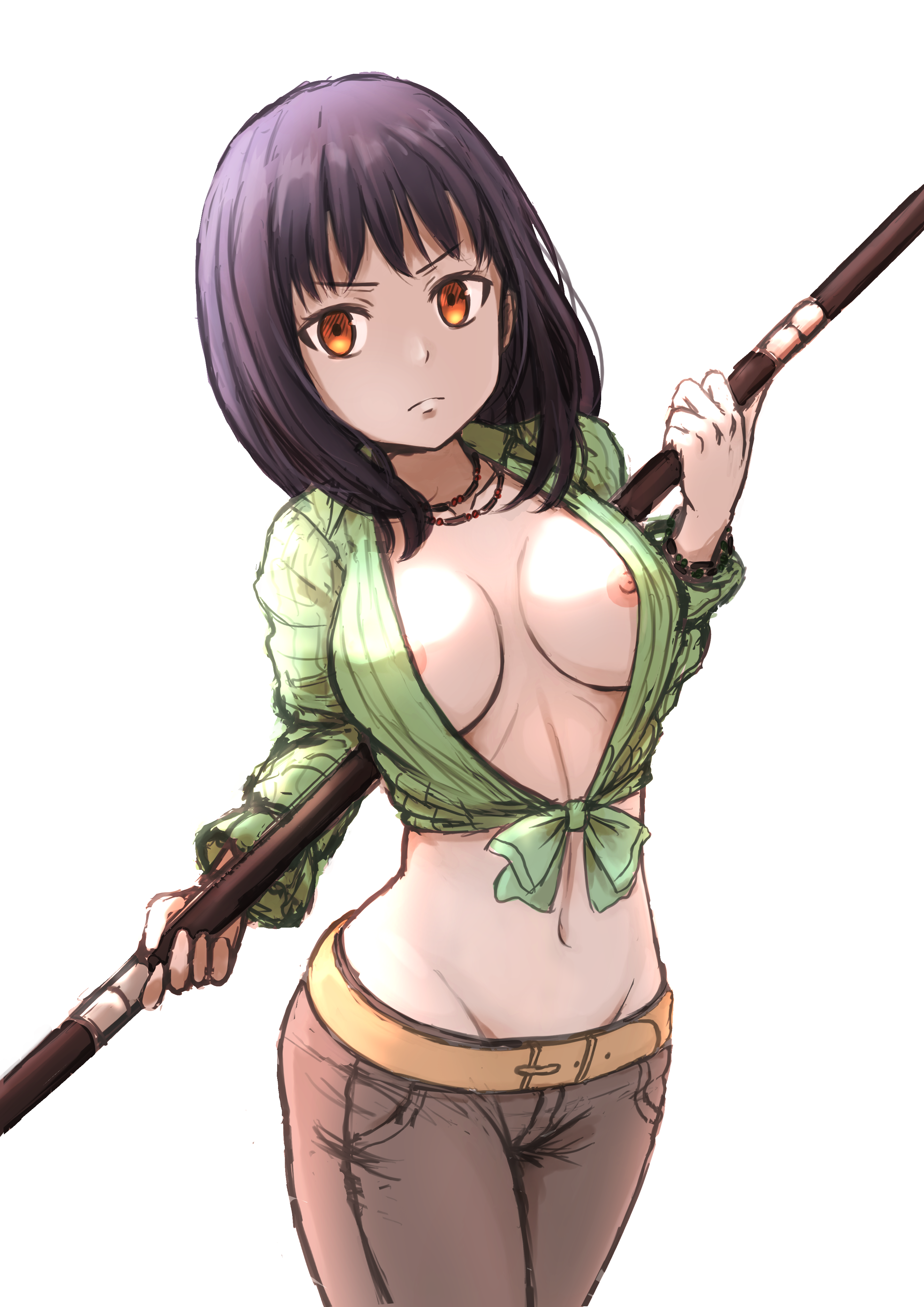 bobu-o (bobuonarudo), itsuwa, toaru majutsu no index, absurdres, commentary, highres, 1girl, areola slip, belt, breasts, brown hair, brown pants, closed mouth, cowboy shot, green shirt, holding, holding staff, jewelry, looking at viewer, medium breasts, midriff, navel, necklace, nipple slip, nipples, orange belt, orange eyes, pants, shirt, simple background, solo, staff, tied shirt, white background