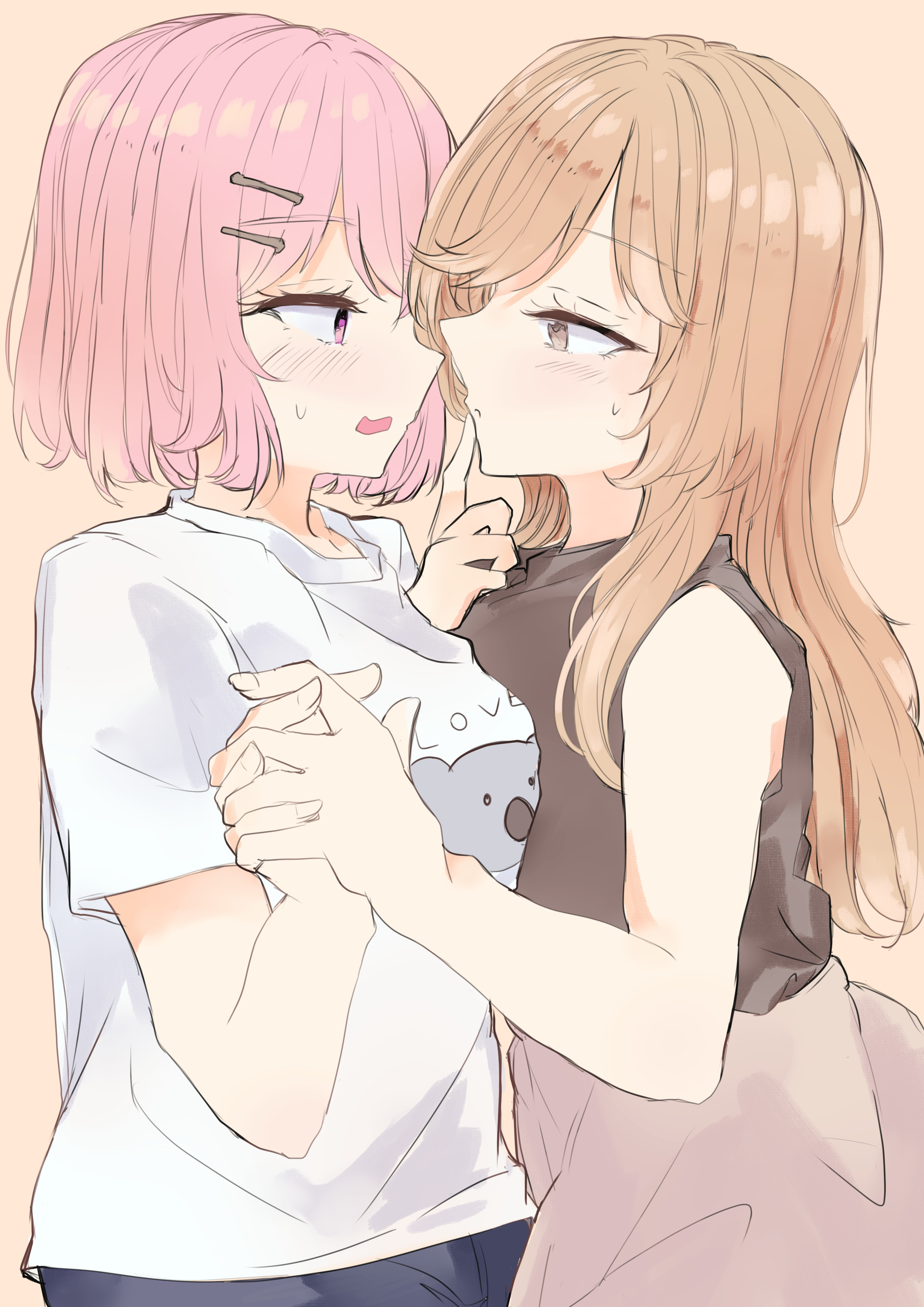 anty the, amaori renako, sena ajisai, watashi ga koibito ni nareru wake naijan murimuri!, absurdres, commentary request, highres, 2girls, black shirt, blush, brown eyes, brown hair, finger to mouth, grey skirt, holding hands, interlocked fingers, long hair, medium hair, multiple girls, open mouth, parted lips, pink eyes, pink hair, shirt, short sleeves, simple background, skirt, sleeveless, sleeveless shirt, sweat, white shirt, yellow background, yuri