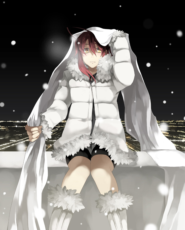 kgr, city, coat, night, red hair, sitting, snow, solo, yellow eyes