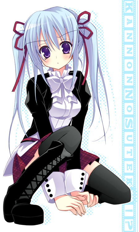 kannon ouji, amatsuka tsurara, baby princess, eyebrows, 10s, 1girl, between legs, black boots, black jacket, black thighhighs, blouse, blue hair, blush, boots, bow, bowtie, breasts, female focus, frilled shirt collar, frills, full body, hair between eyes, hair ribbon, hand between legs, jacket, lace-up boots, long hair, long sleeves, looking at viewer, medium breasts, on one knee, plaid clothes, plaid skirt, pleated skirt, purple eyes, red ribbon, red skirt, ribbon, shirt, skirt, solo, text focus, thighhighs, twintails, white bow, white bowtie, white shirt