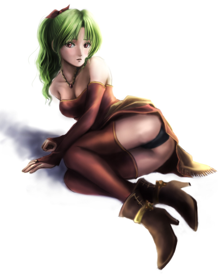 dodon (reina), reina (artist), tina branford, final fantasy, final fantasy vi, bad id, bad pixiv id, 1990s (style), 1girl, blush, breasts, cleavage, female focus, green hair, jewelry, necklace, panties, ponytail, red eyes, retro artstyle, solo, thighhighs, underwear