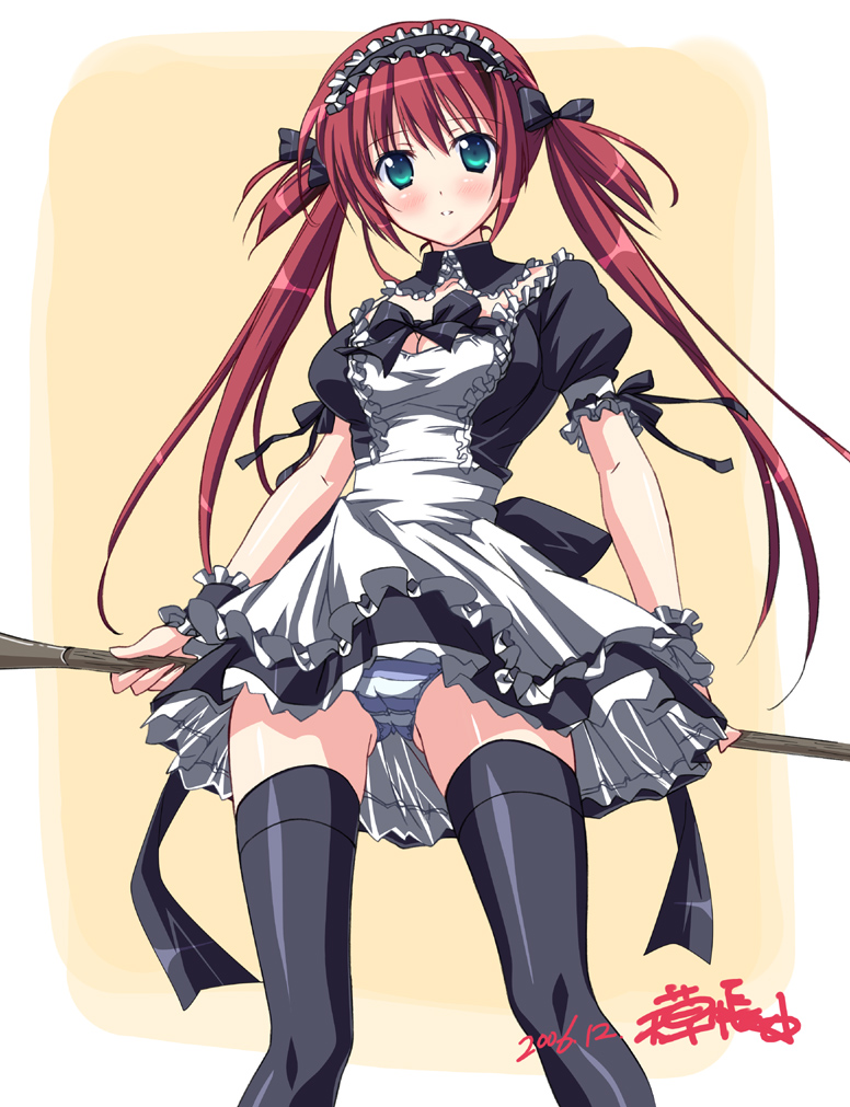 amakusa tobari, airi (queen's blade), airi (the infernal temptress), queen's blade, 00s, 1girl, black thighhighs, blush, female focus, green eyes, maid, maid headdress, panties, pantyshot, solo, standing, striped clothes, striped panties, thighhighs, twintails, underwear, upskirt, wrist cuffs, zettai ryouiki