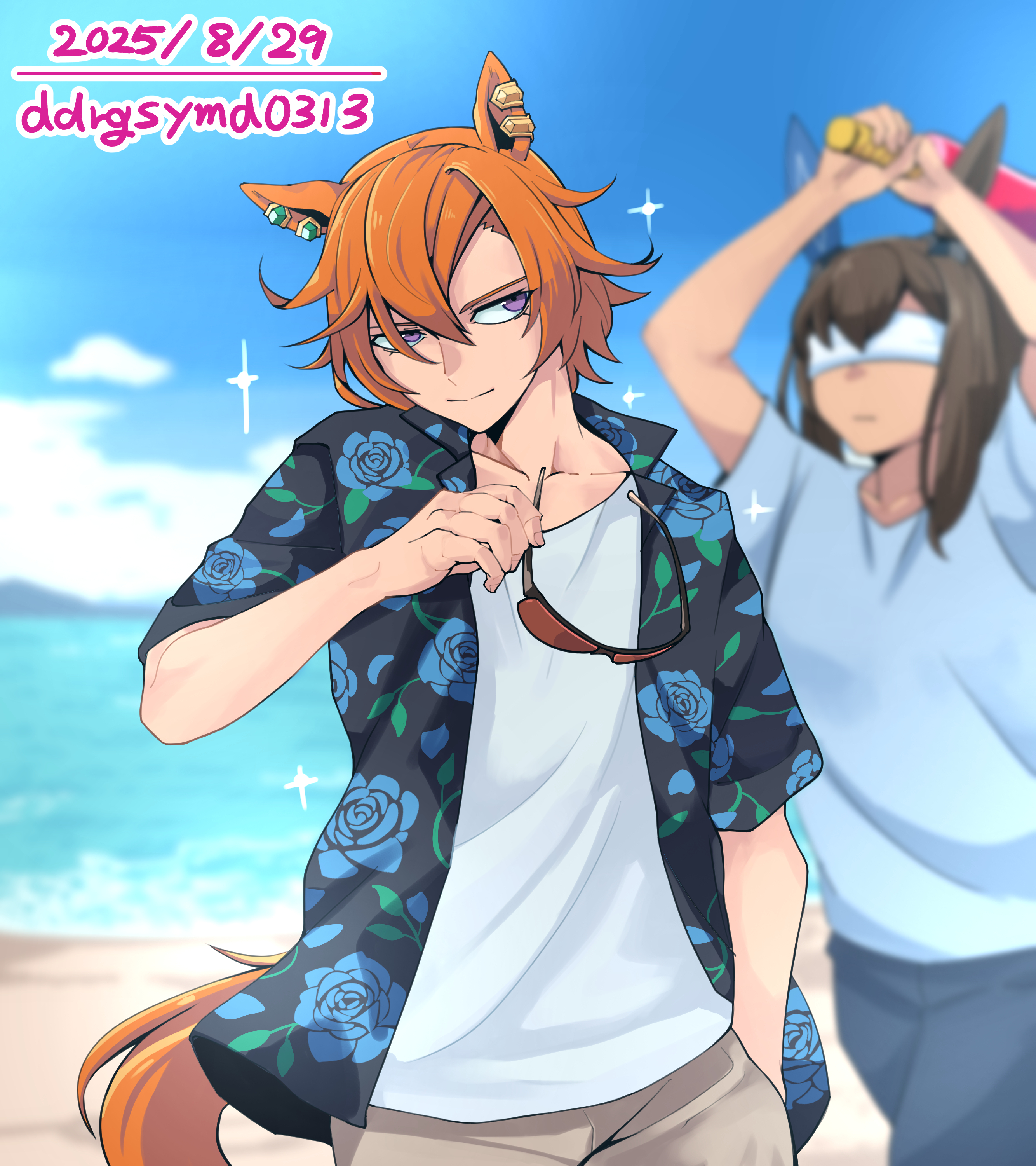 dogeyama um, admire vega (umamusume), t.m. opera o (umamusume), umamusume, absurdres, highres, 2girls, alternate costume, animal ears, animal print, arms up, beach, blindfold, blue sky, brown hair, closed mouth, covered eyes, dated, day, ear covers, facing another, hair between eyes, hand up, holding, holding removed eyewear, holding weapon, horse ears, horse girl, horse tail, jewelry, light smile, long hair, multiple girls, ocean, orange hair, outdoors, pants, print shirt, purple eyes, shirt, shirt under shirt, short hair, short sleeves, single ear cover, sky, sparkle, sunglasses, tail, unworn eyewear, water, weapon, white shirt