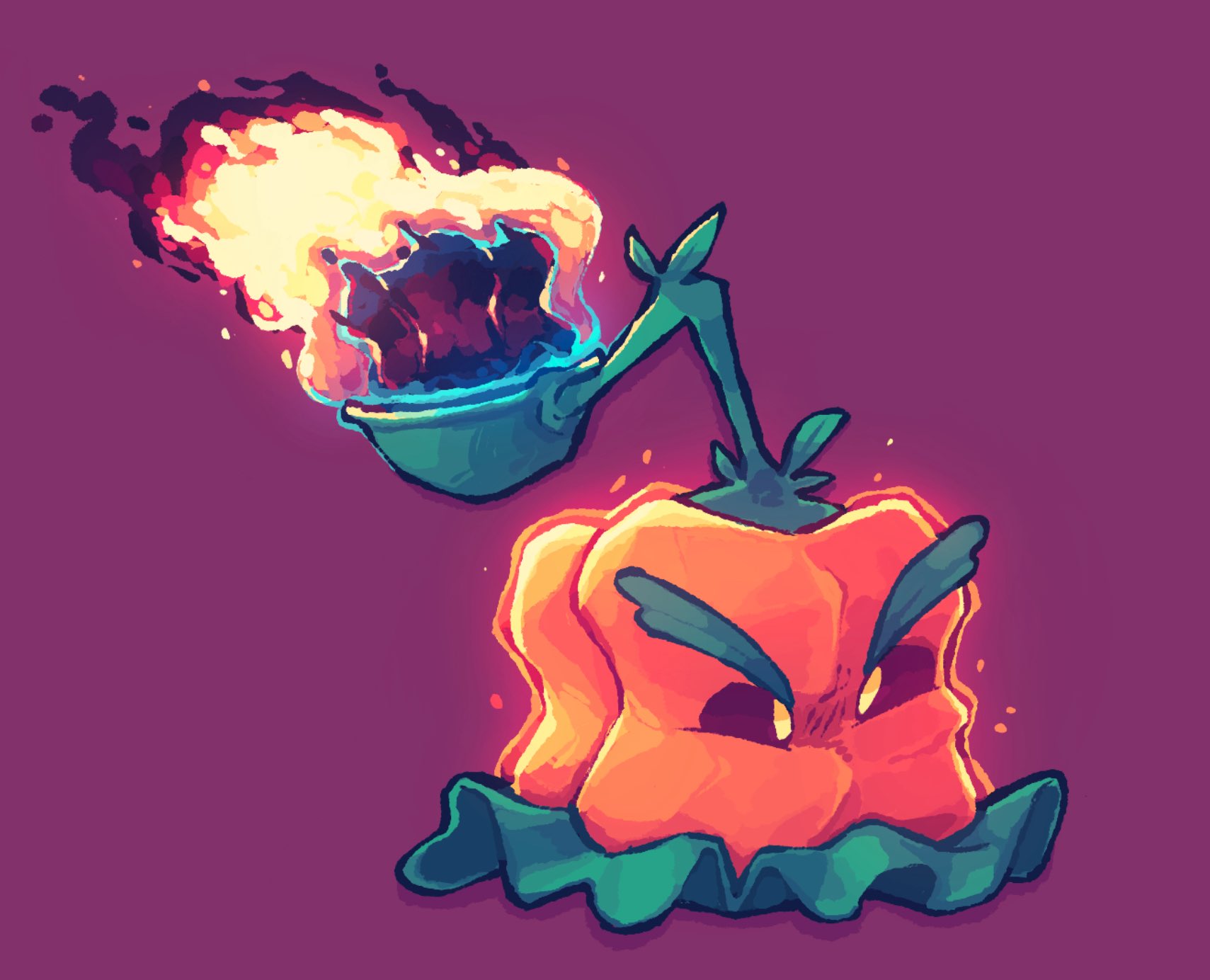 leafysky22, plants vs. zombies, plants vs. zombies 2, highres, fire, leaf, no humans, pepper-pult, purple background, simple background, solo