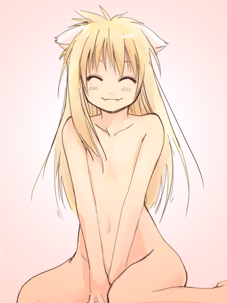 wander (artist), wander (cordabyss), 1girl, animal ears, blonde hair, closed eyes, fang, fangs, female focus, long hair, nude, solo
