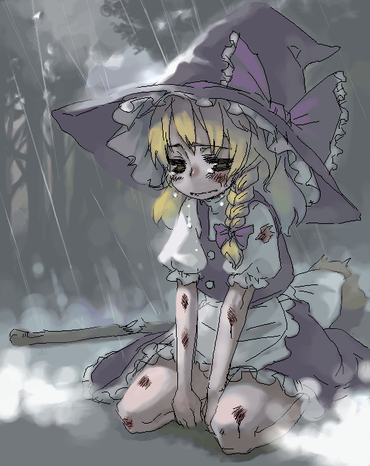 kishi kaisei, kirisame marisa, touhou, bad id, bad pixiv id, 1girl, blonde hair, bruise, female focus, injury, kneeling, oekaki, rain, sad, solo, tears, torn clothes